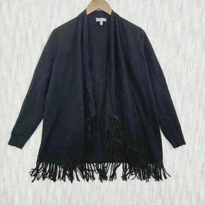 Neiman Marcus Fringe Open Front Cardigan Sweater Size L Black